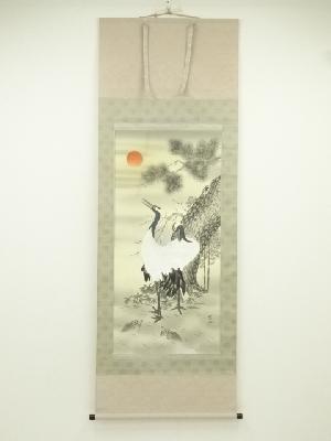 古藤紫山筆　松竹梅鶴亀　肉筆絹本掛軸（共箱）